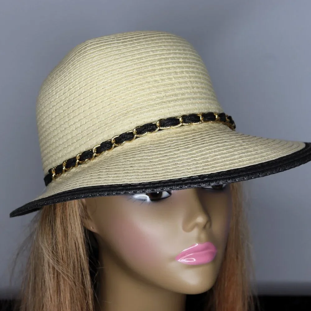 Women's Short Brim Tan Sun Hat with Black Leather & Gold Rope Accent - Picture 2 of 2